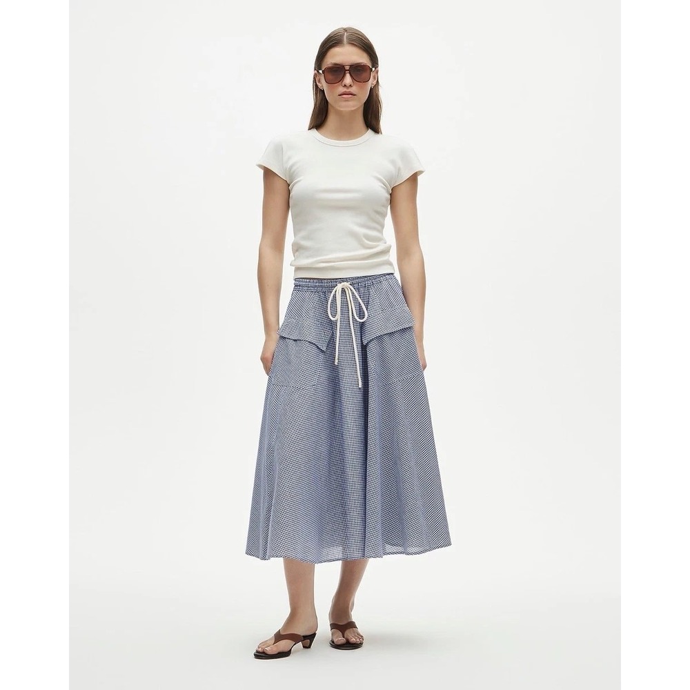 J.Crew Drawstring Gingham Madras Skirt Womens Small Blue White CU748 Midi Skirt